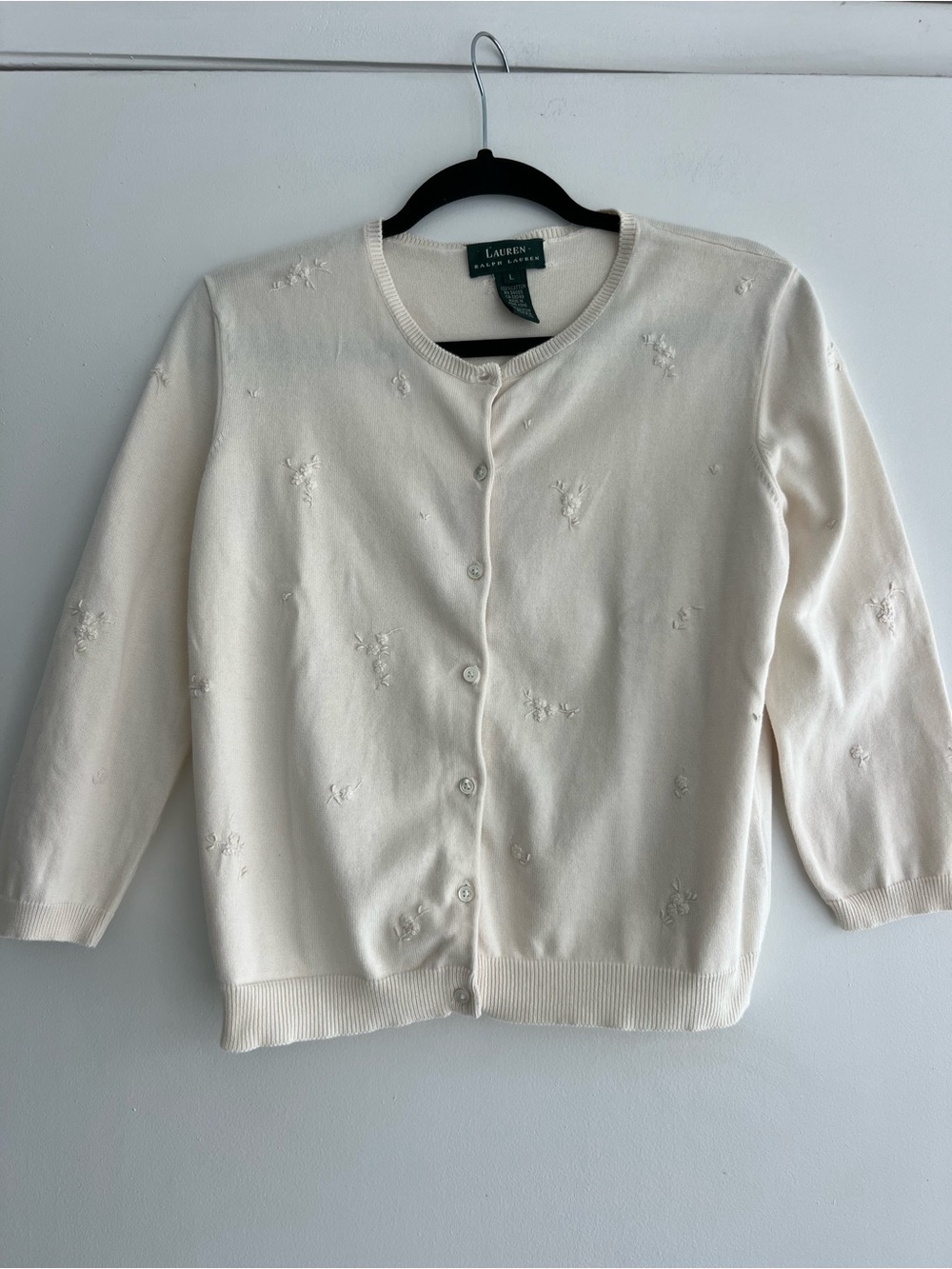 Lauren Ralph Lauren Cream Embroidered Button-Front Cardigan Sweater